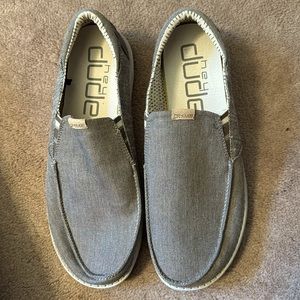 Men’s New Hey Dude Slip-Ons, Size 8 in Chambray Walnut Color